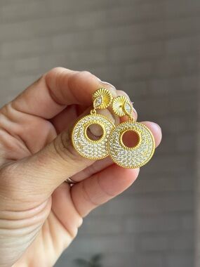 Freida Rothman Sterling Gold-Tone Pave Circle Drop Earrings